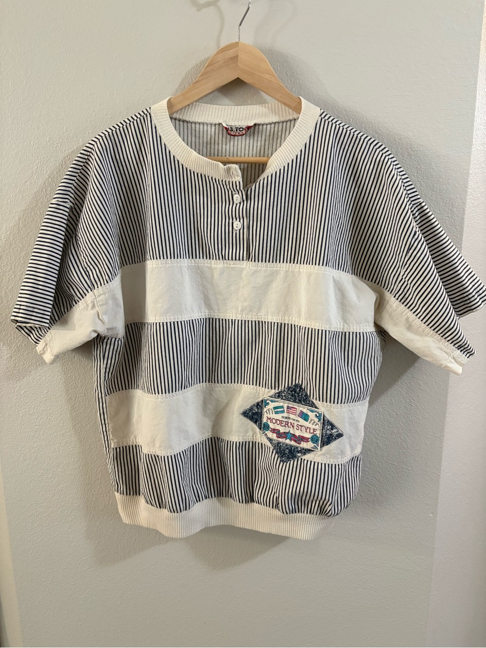 90s Grandpacore Colorblock Striped Navy Nautical Henley Tee Large